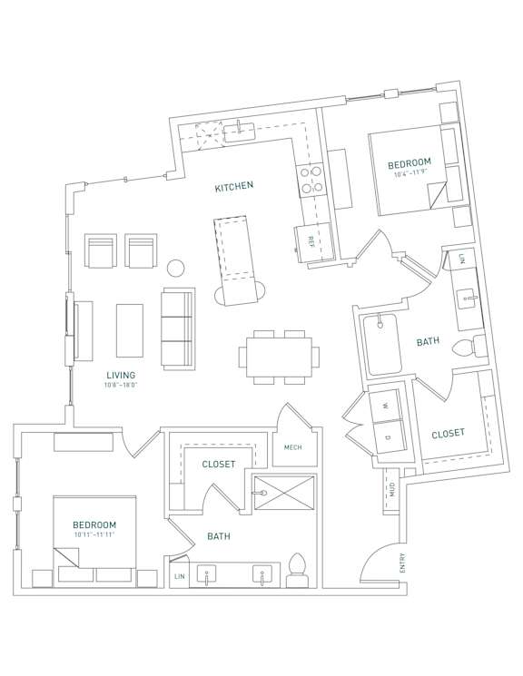 A floor plan of a house with a kitchen, living room, two bedrooms, a bathroom, a closet, and a mech.