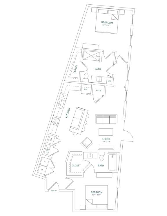 A floor plan of a house with labeled rooms such as Bedroom, Bath, Kitchen, Living room, Closet, and Entry.