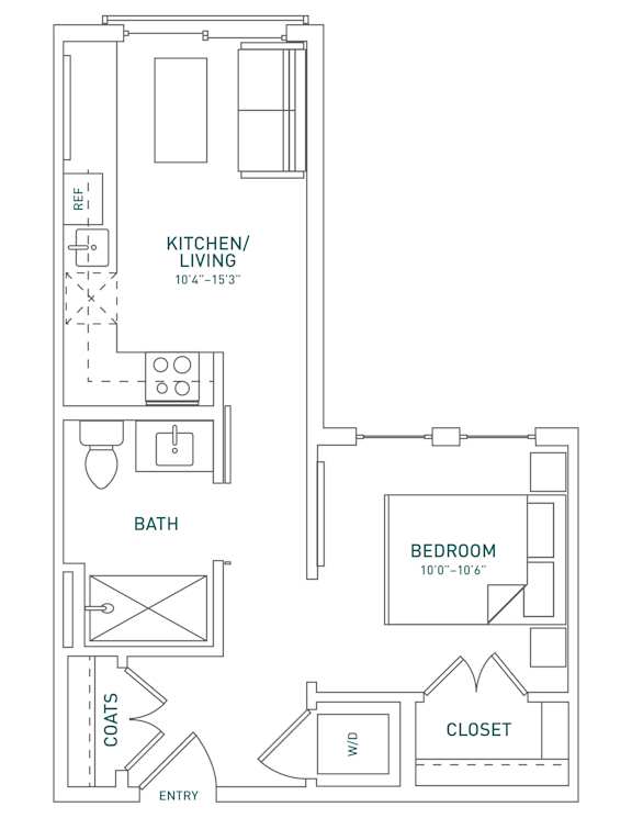 A floor plan of a small apartment with a kitchen, bathroom, closet, and bedroom.