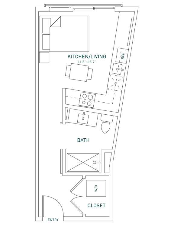A floor plan of a kitchen, living room, bathroom, and closet.
