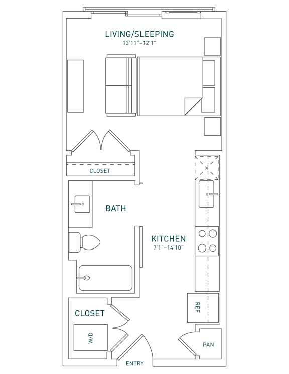 A floor plan of a living/sleeping area with a kitchen and bath.
