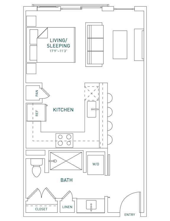 A floor plan of a small apartment with a living room, kitchen, bathroom, and entry.