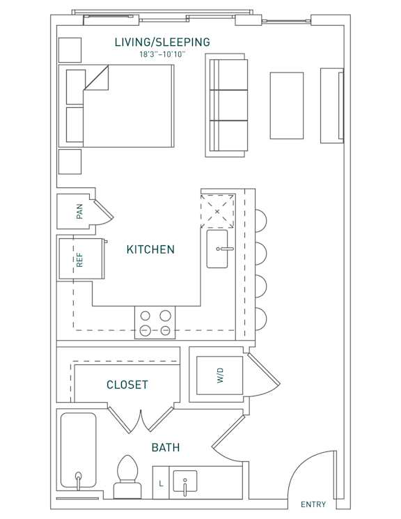 A floor plan of a living/sleeping area with a kitchen, closet, and bathroom.