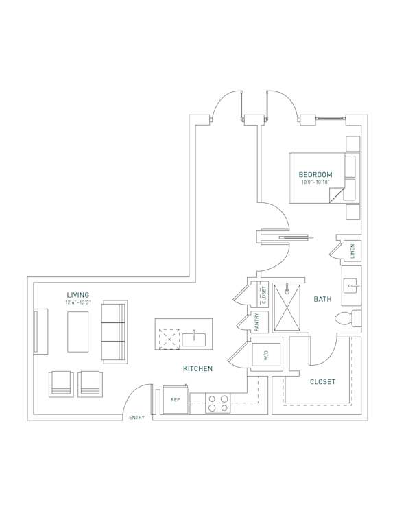 A floor plan of a small apartment with a bedroom, living room, kitchen, and bathroom.