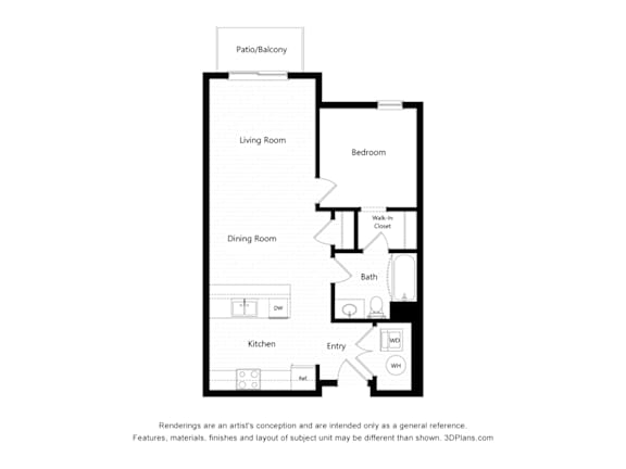A floor plan of a house with a living room, dining room, kitchen, and two bathrooms.