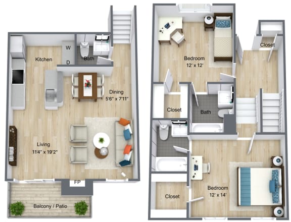 the layouts of two rooms of a house with a wood floor