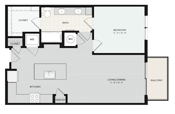 A floor plan of a house with a bedroom, living room, kitchen, pantry, bathroom, and two closets.