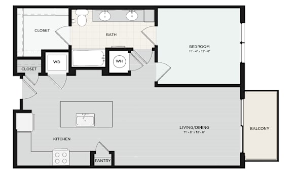 A floor plan of a house with a living room, dining room, kitchen, pantry, two bathrooms, and two closets.