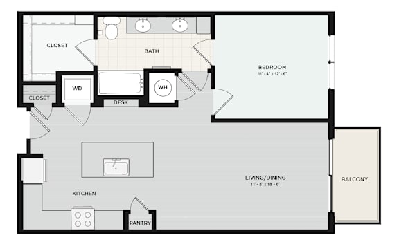 A floor plan of a small apartment with a bedroom, living room, kitchen, pantry, and two closets.