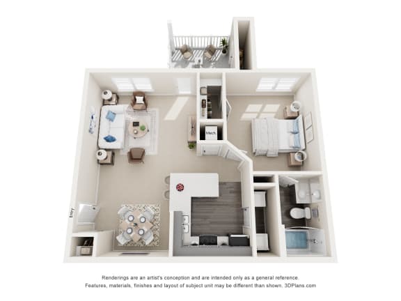 a stylized floor plan with a bedroom and a living room
