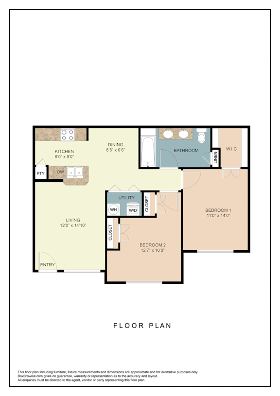 A floor plan of a house with two bedrooms, a living room, a kitchen, a dining room, a bathroom, and a W.I.C.