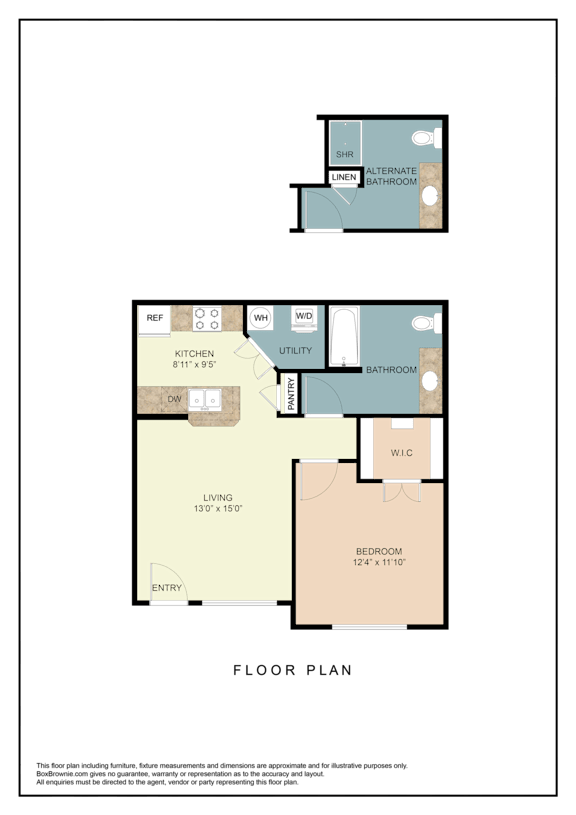 A floor plan of a house with a kitchen, living room, bedroom, and bathrooms.