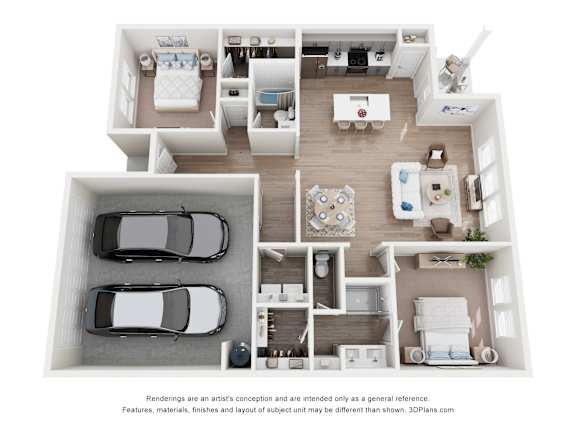 A 3D floor plan of a house with two bedrooms, two bathrooms, a living room, a kitchen, and a garage.