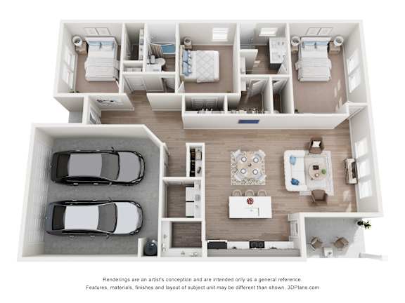 A 3D floor plan of a house with two bedrooms, a living room, a kitchen, and a garage.