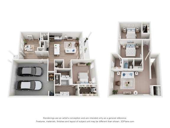 A floor plan of a two-story house with a garage and a living room on the first floor and a bedroom and bathroom on the second floor.