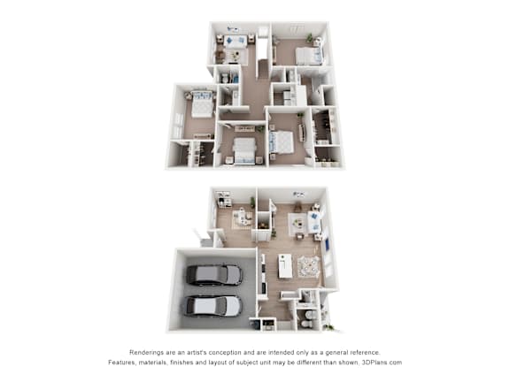 Two floor plans of a house with a garage and a living room.