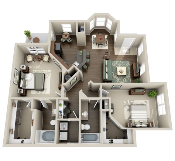 a 3d rendering of a floor plan with a bedroom and living room