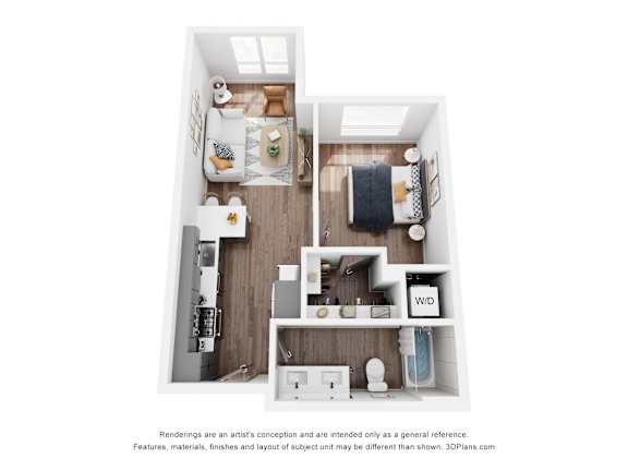 A small apartment with a kitchen, living room, and bathroom.