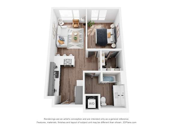 A 3D floor plan of a small apartment with a kitchen, living room, and bathroom.