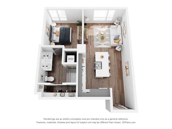 A 3D floor plan of a small apartment with a kitchen, living room, and bedroom.