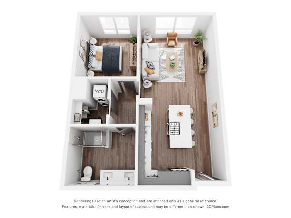 A 3D floor plan of a small apartment with a kitchen, living room, and bathroom.