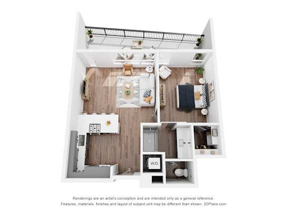 A 3D floor plan of a small apartment with a kitchen, living room, and two bedrooms.
