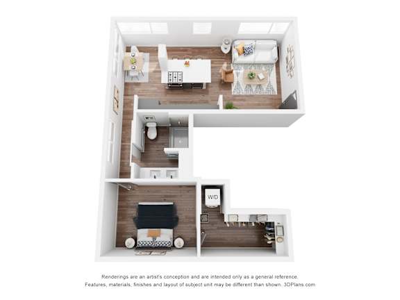 A 3D floor plan of a small apartment with a kitchen, living room, and bedroom.
