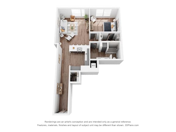 A 3D floor plan of a house with a kitchen, living room, and bedrooms.