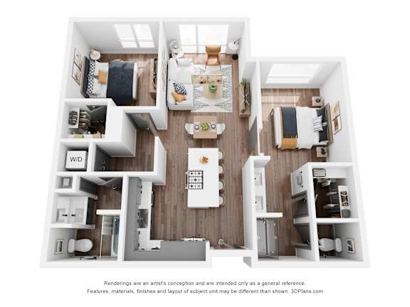 A 3D floor plan of a house with labeled rooms.