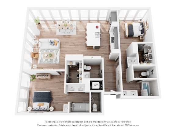 A 3D floor plan of a small apartment with a kitchen, living room, and bedroom.