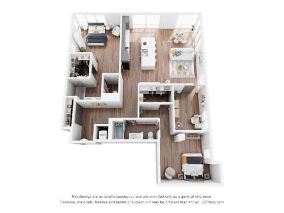 A 3D floor plan of a small apartment with a kitchen, living room, and two bedrooms.