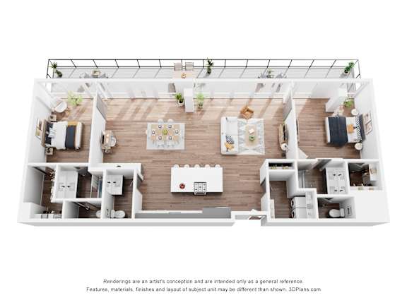 A 3D floor plan of a house with a kitchen, living room, and two bedrooms.