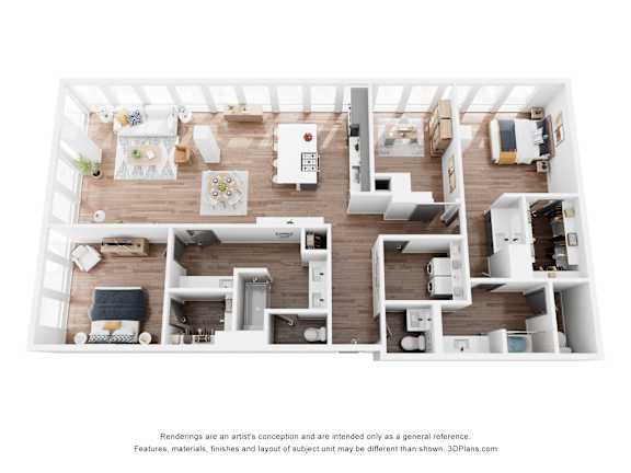 A 3D floor plan of a house with a kitchen, living room, and two bedrooms.