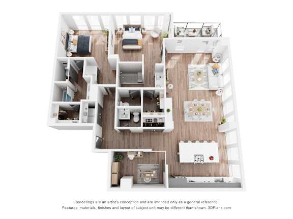 A 3D floor plan of a small apartment with a kitchen, living room, and bedrooms.