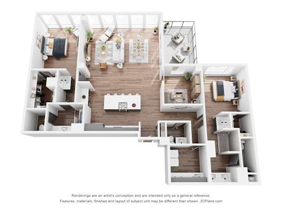A 3D floor plan of a house with a kitchen, living room, and bedrooms.