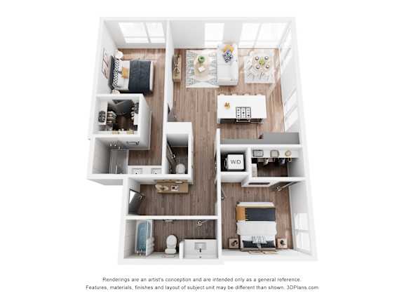 A 3D floor plan of a small apartment with a kitchen, living room, and two bedrooms.