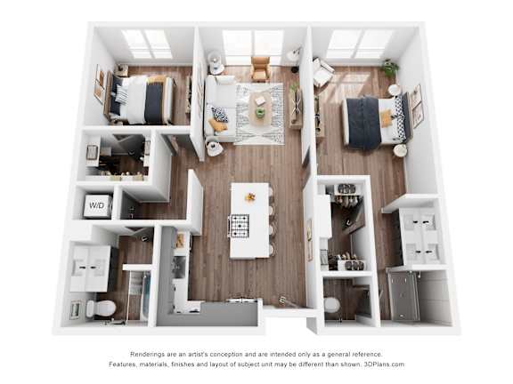 A top-down view of a small apartment with a kitchen, living room, and bedroom.