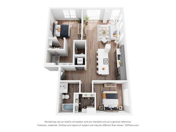 A 3D floor plan of a small apartment with a kitchen, living room, and two bedrooms.