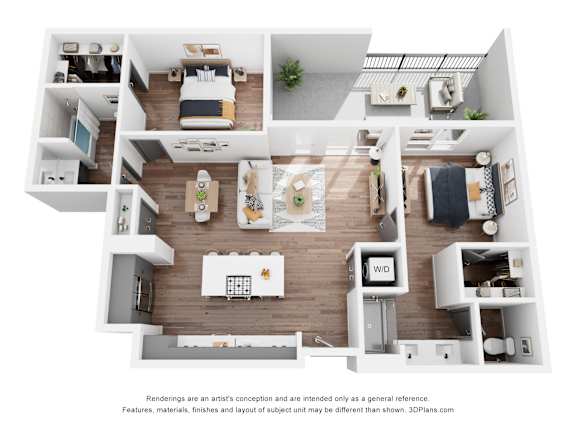 A 3D floor plan of a house with a kitchen, living room, and bedrooms.