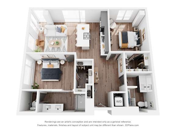 A 3D floor plan of a small apartment with two bedrooms, a living room, and a kitchen.