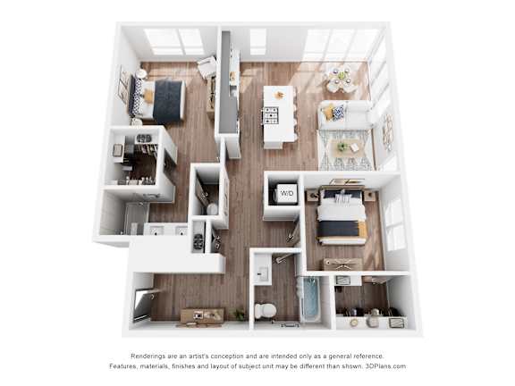 A 3D floor plan of a house with multiple rooms.