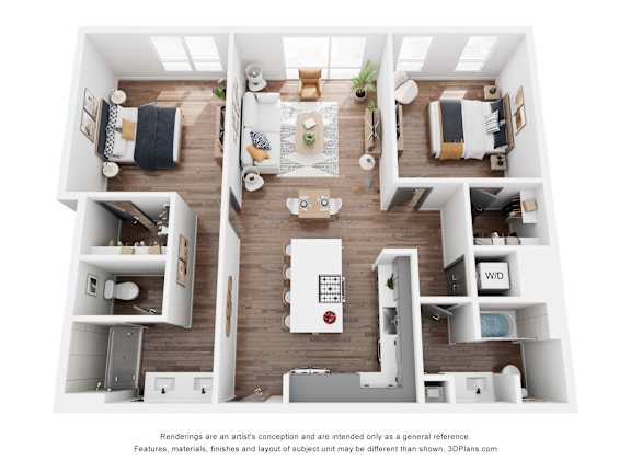 A 3D floor plan of a house with a kitchen, living room, and two bedrooms.