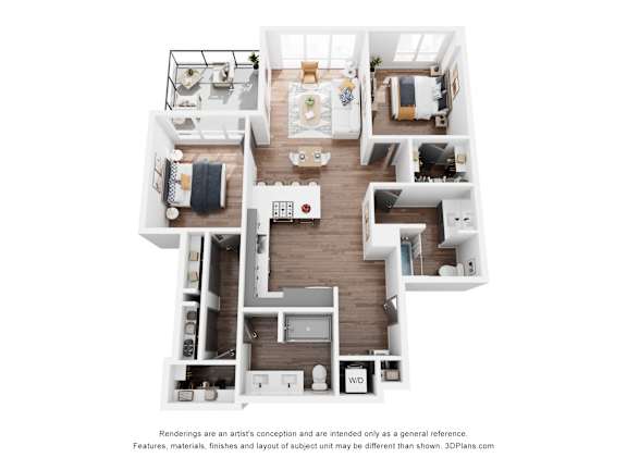 A 3D floor plan of a house with a kitchen, living room, and two bedrooms.