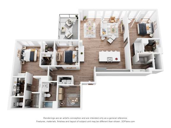A 3D floor plan of a house with multiple rooms and furniture.
