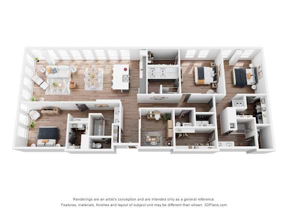 A 3D floor plan of a multi-bedroom apartment.