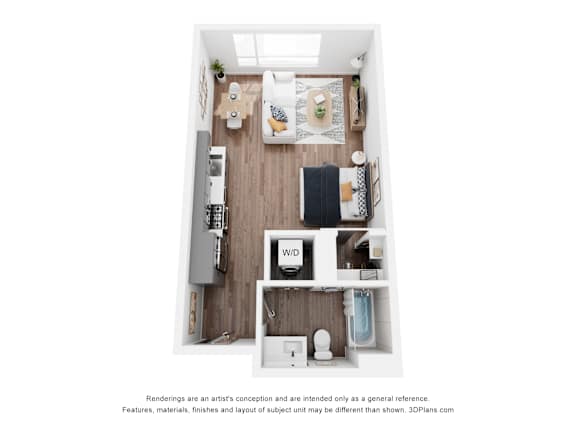 A 3D floor plan of a small apartment with a kitchen, living room, and bathroom.