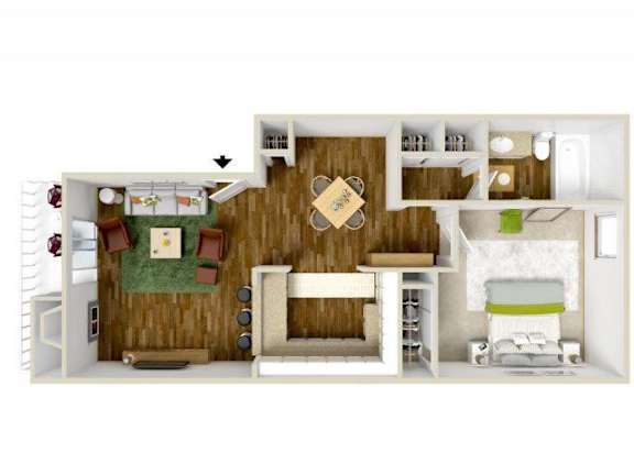 A 3D rendered image of a house interior.