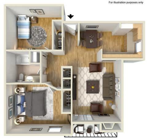 A 3D floor plan of a small apartment with a kitchen, living room, and bathroom.