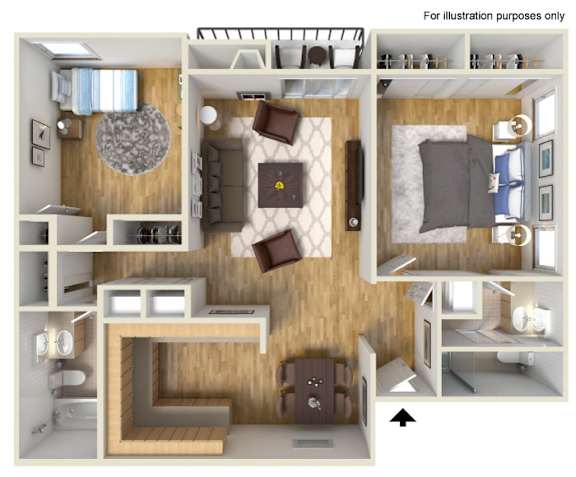 A cutaway illustration of a small apartment with a kitchen, living room, and bedroom.