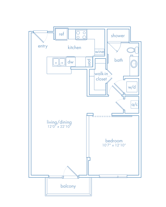 A floor plan of a small apartment with a living/dining area, kitchen, bathroom, bedroom, and balcony.